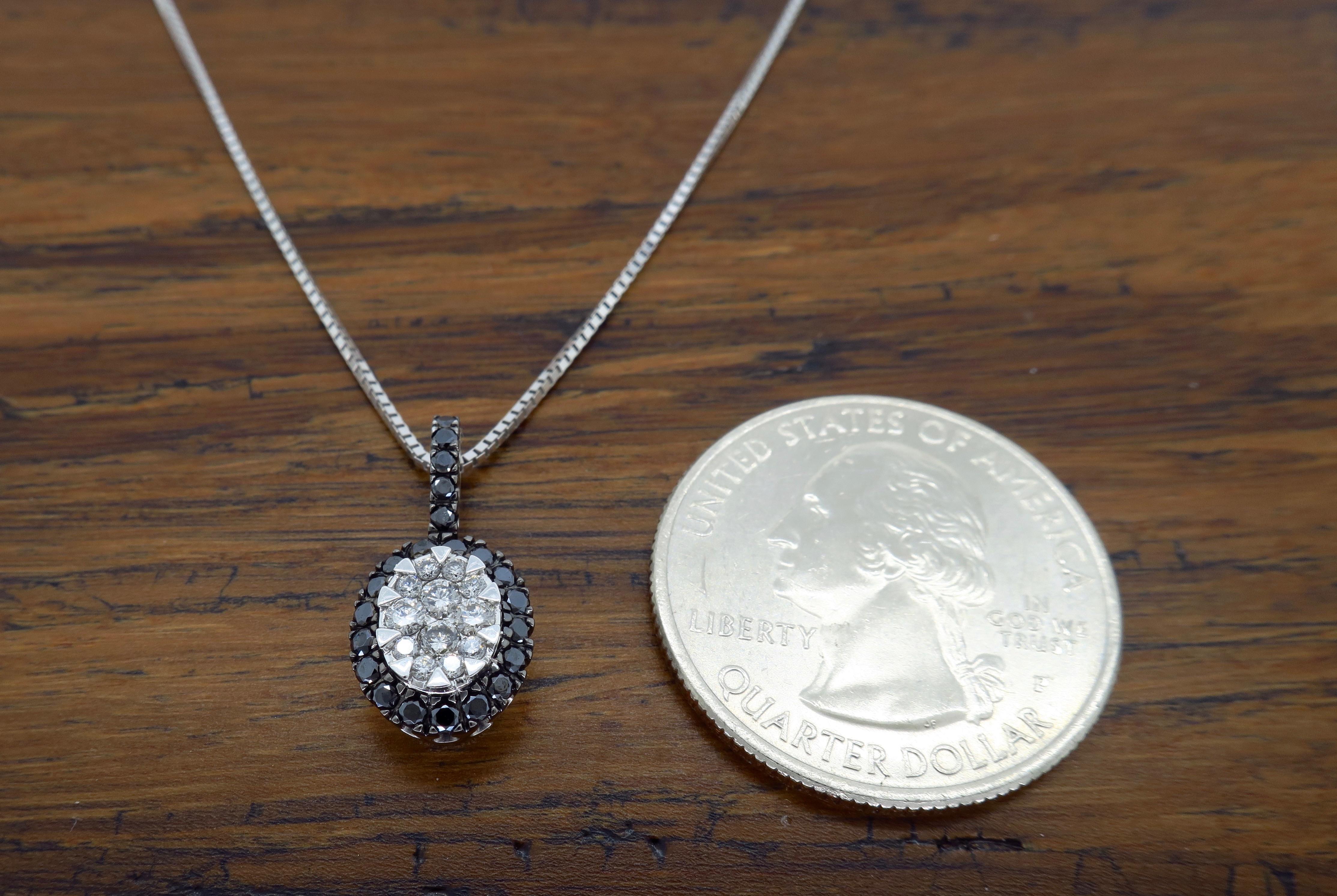 This diamond necklace has a beautiful halo of white and black diamonds totaling approximately .50CTW.

Gemstone: Diamond
Gemstone Carat Weight: Approximately .50CTW
Diamond Cut: 34 Round Brilliant 
Average Diamond Color: 12 Round Brilliant with