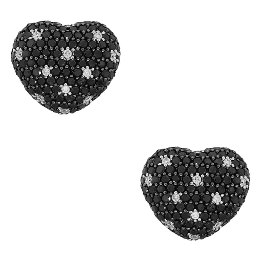 Black and White Diamond Puff Heart Earrings