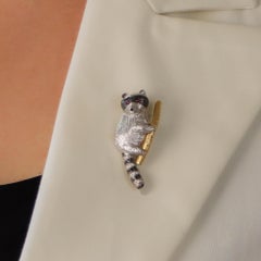 Black and White Diamond Raccoon Pin Brooch Set in 18k White and Rose Gold