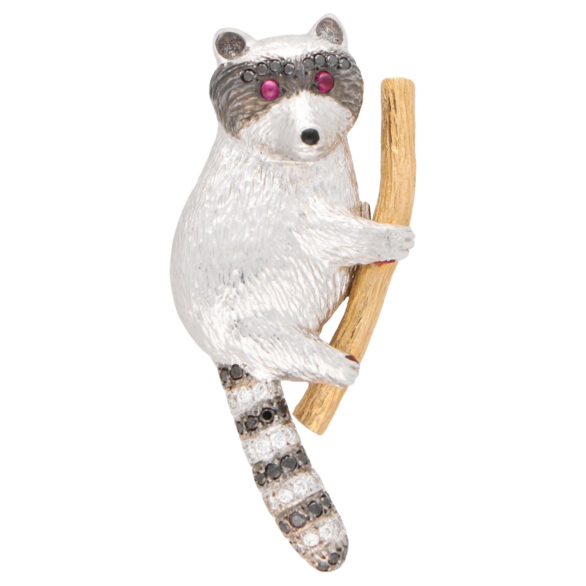 Black and White Diamond Raccoon Pin Brooch Set in 18k White and Rose Gold