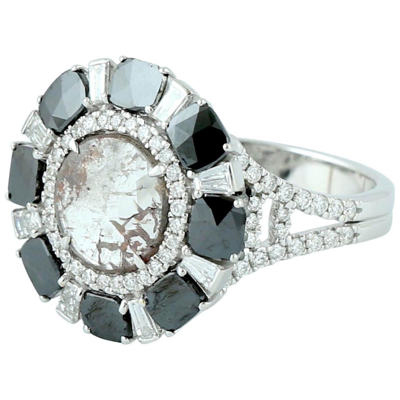 Black and White Diamond Slice Ring Set 18 Karat Gold 
