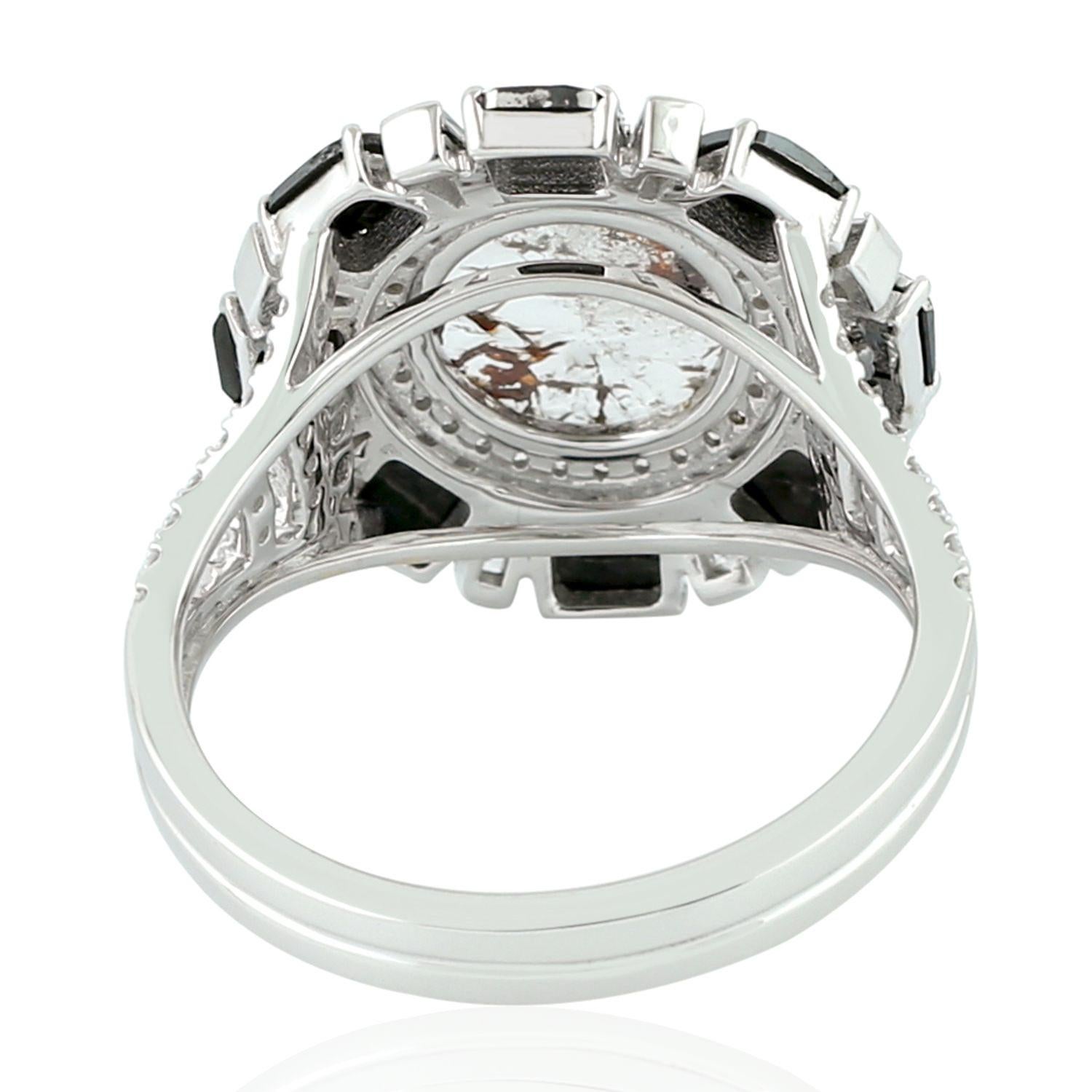 Modern Black and White Diamond Slice Ring Set 18 Karat Gold 