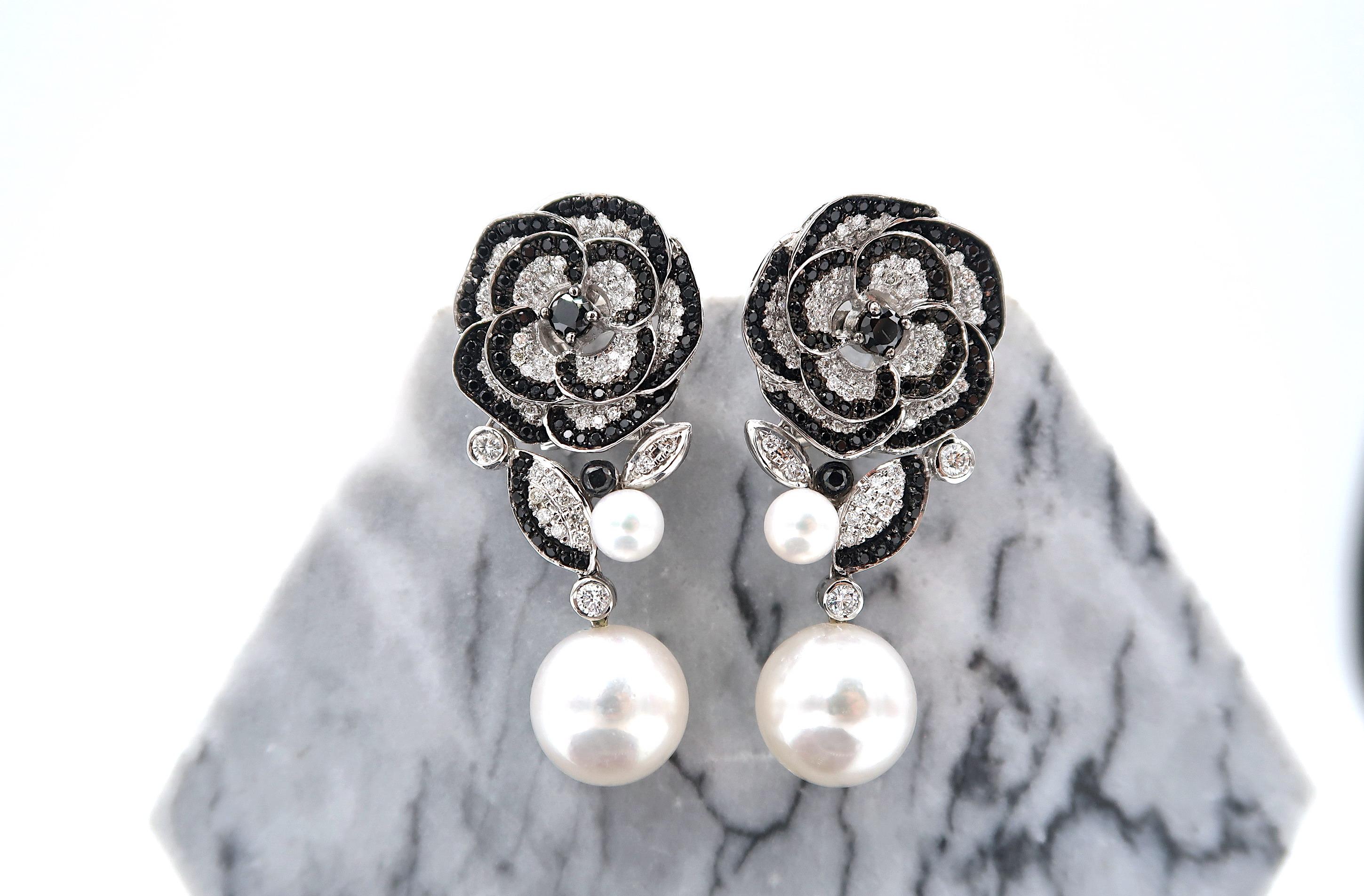 Brilliant Cut Black and White Diamond South Sea Pearl Floral Long 18 Karat White Gold Earrings