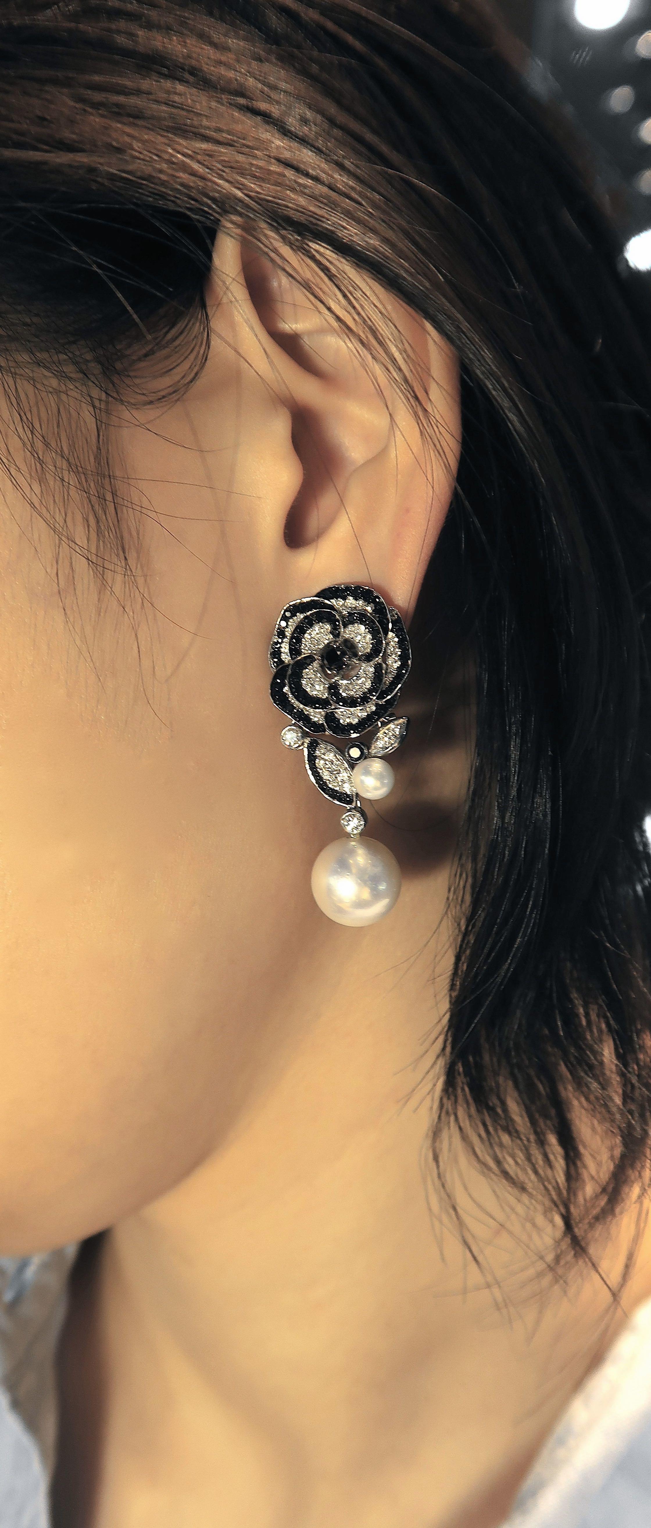 Black and White Diamond South Sea Pearl Floral Long 18 Karat White Gold Earrings In New Condition In Bangkok, TH