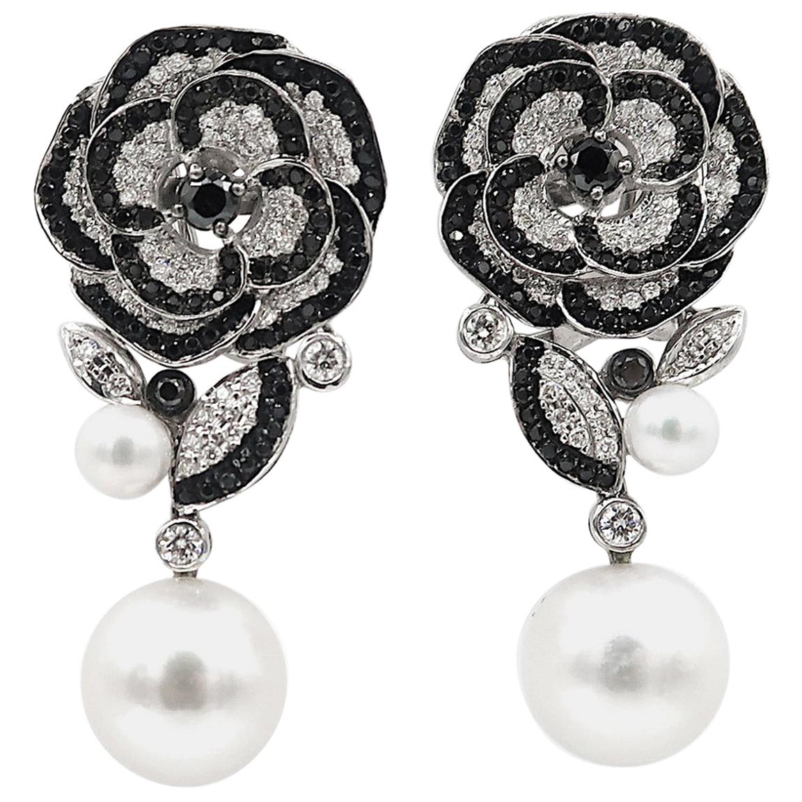 Black and White Diamond South Sea Pearl Floral Long 18 Karat White Gold Earrings