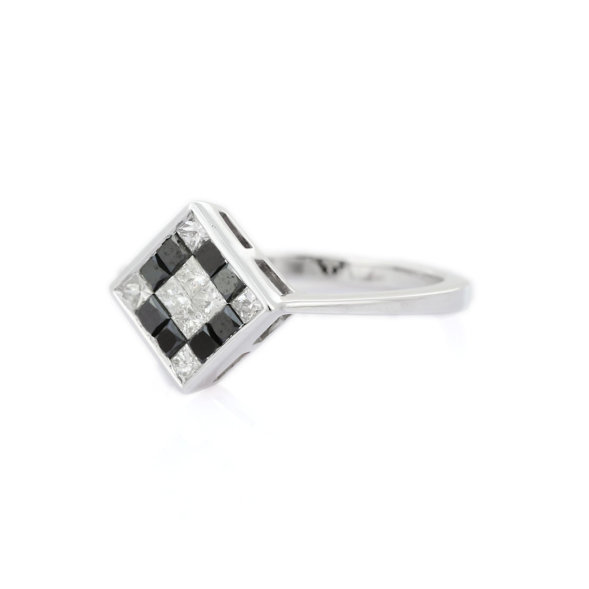 For Sale:  Art Deco Style Black White Diamond Square Ring in 18 Karat White Gold 3