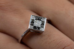 Art Deco Style Black White Diamond Square Ring in 18 Karat White Gold