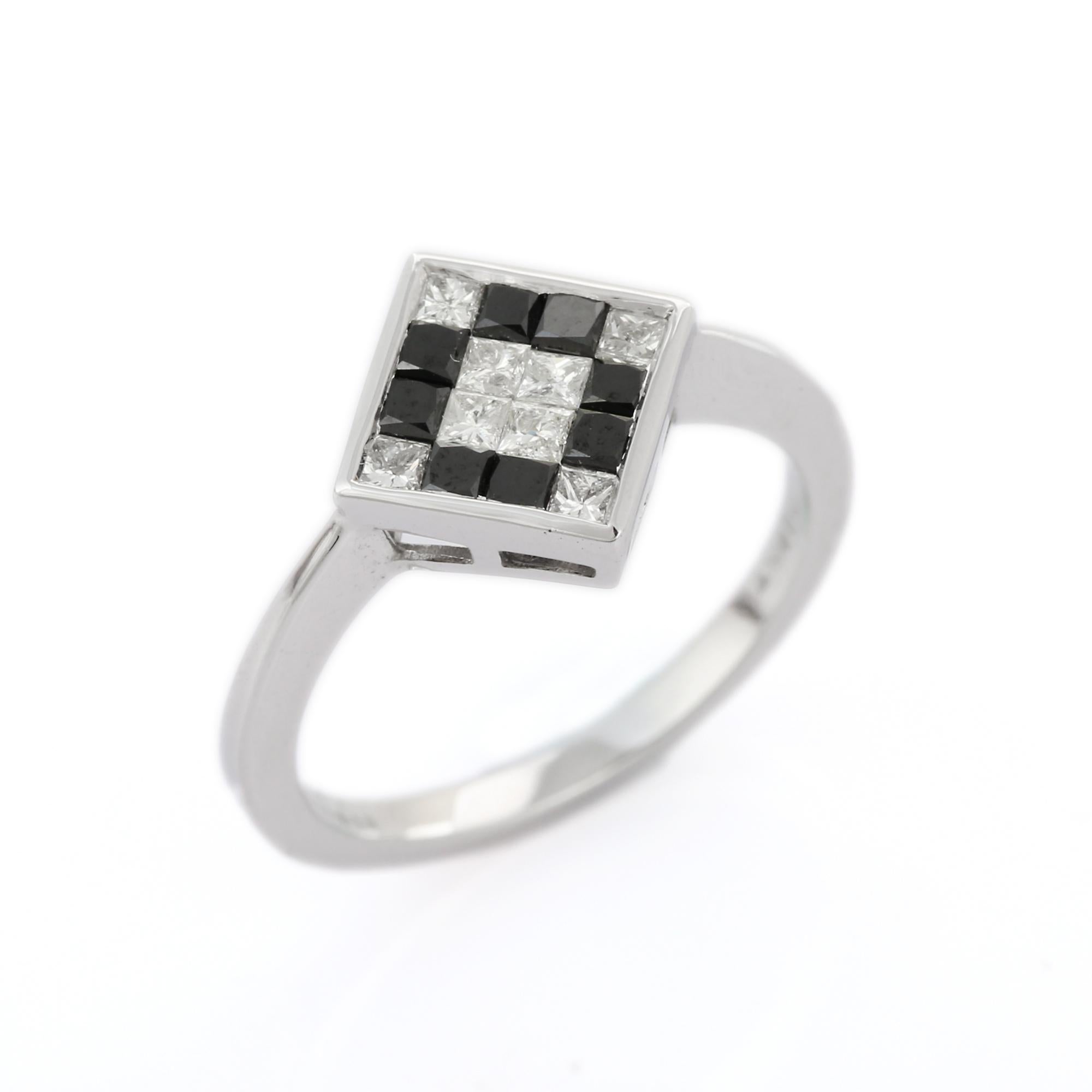 For Sale:  Art Deco Style Black White Diamond Square Ring in 18 Karat White Gold 7