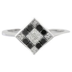 Art Deco Black and White Diamond Square Ring in 18 Karat White Gold