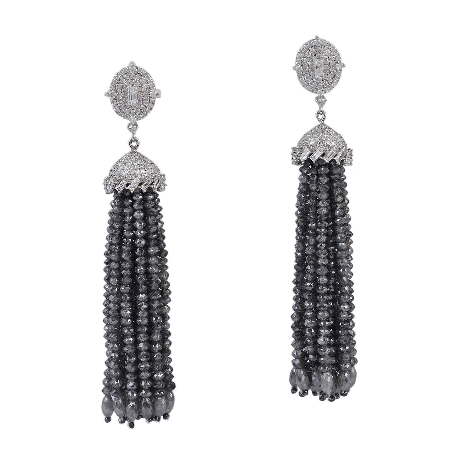 Mixed Cut Black and White Diamond Tassel Earrings Made In 18k White Gold For Sale