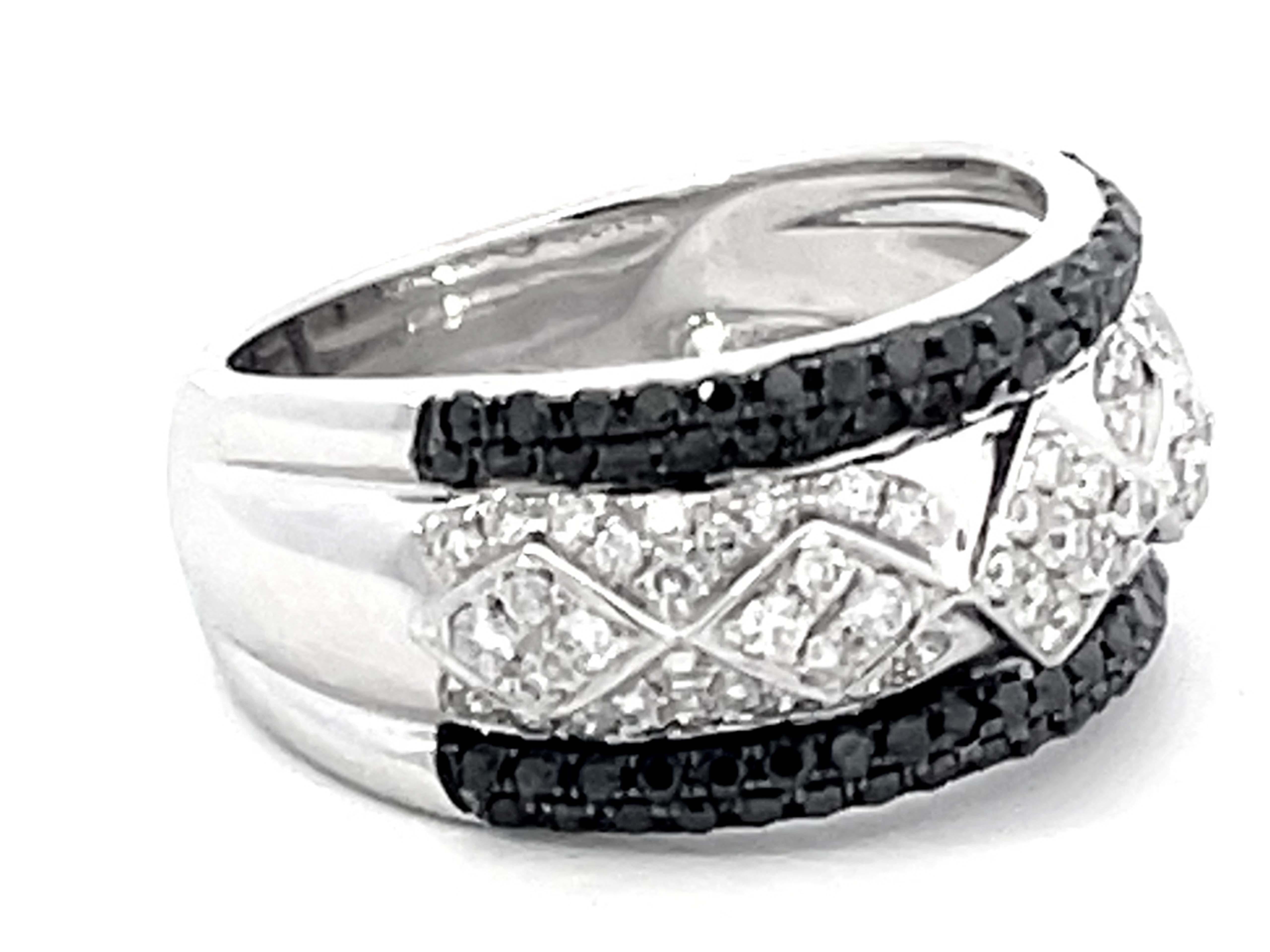 Modern Black and White Diamond Wide Band Ring 18k White Gold For Sale