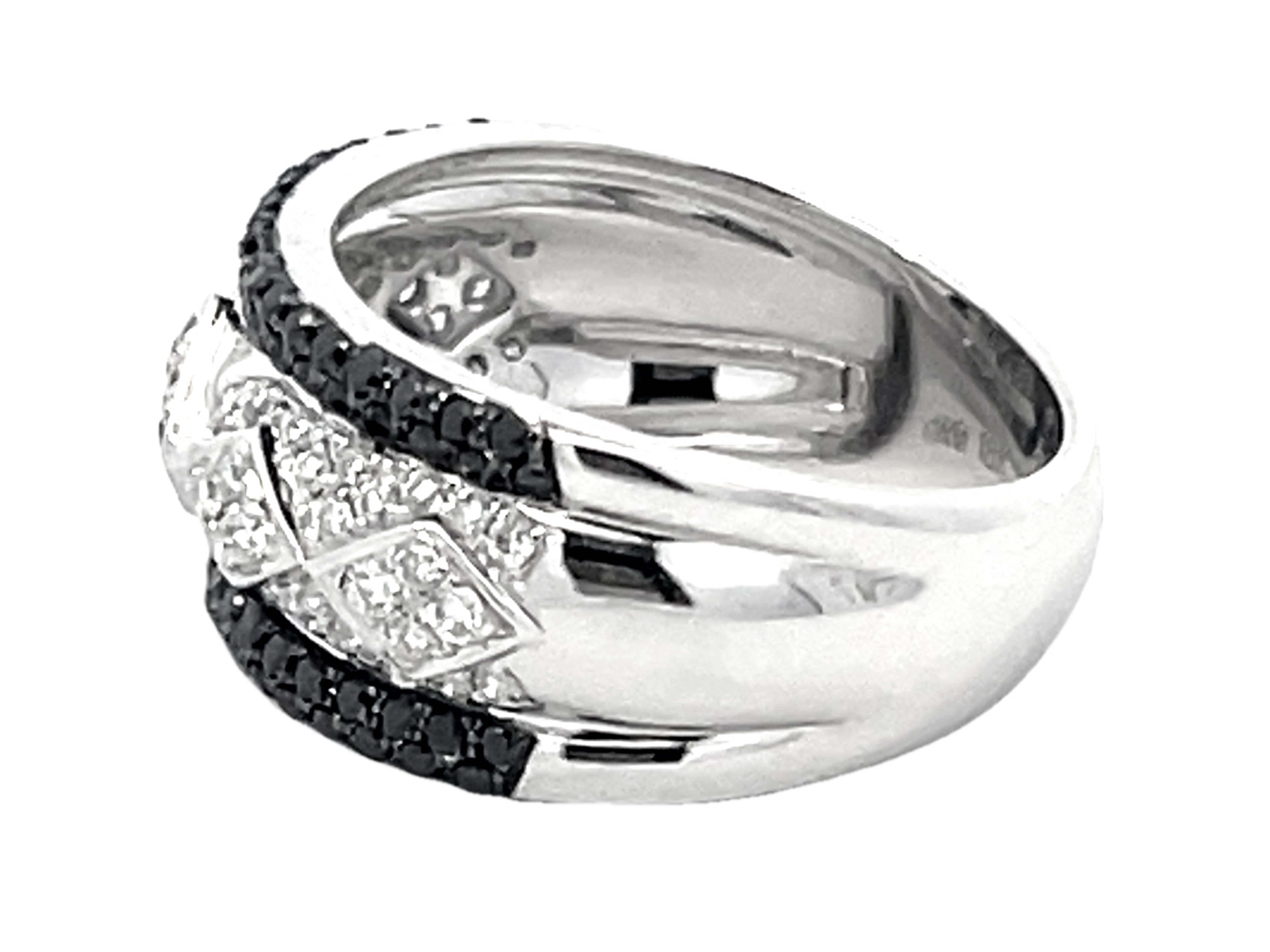 Women's Black and White Diamond Wide Band Ring 18k White Gold For Sale