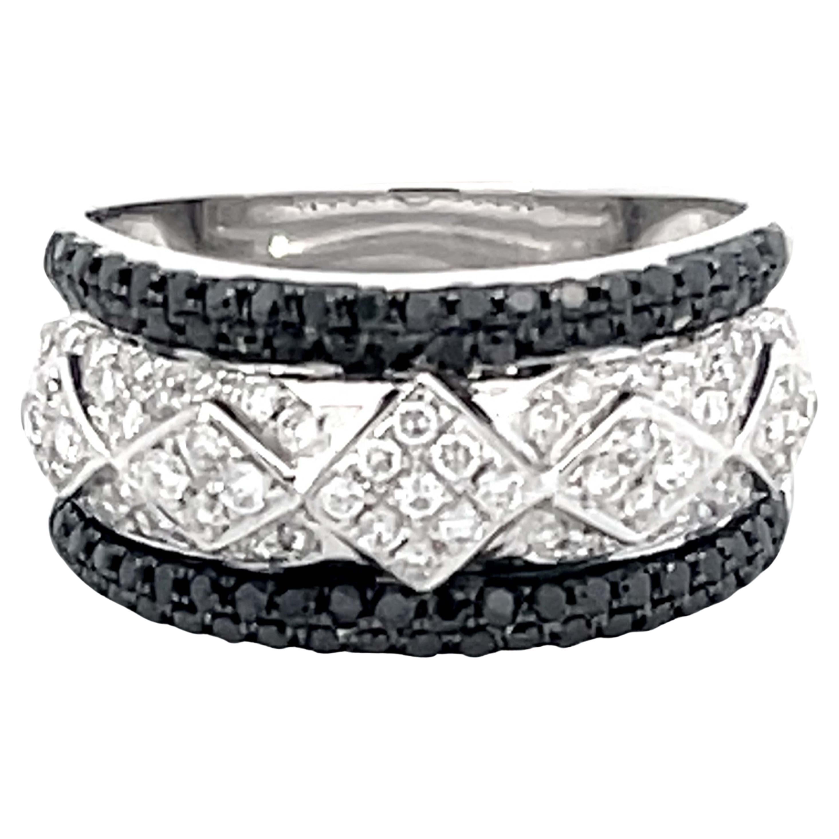 Black and White Diamond Wide Band Ring 18k White Gold For Sale