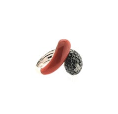 Black and White diamonds, Coral and White Gold Ring