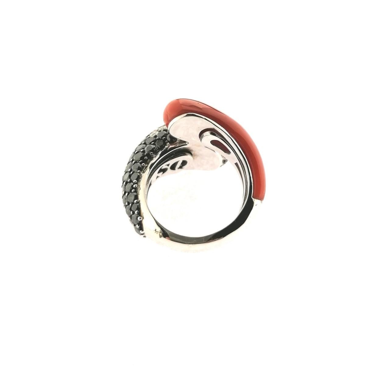 Modern Black and White diamonds, Coral and White Gold Ring For Sale