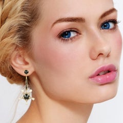 Black and White Diamonds Dangle Earrings With Pearl Made In 18k Yellow Gold