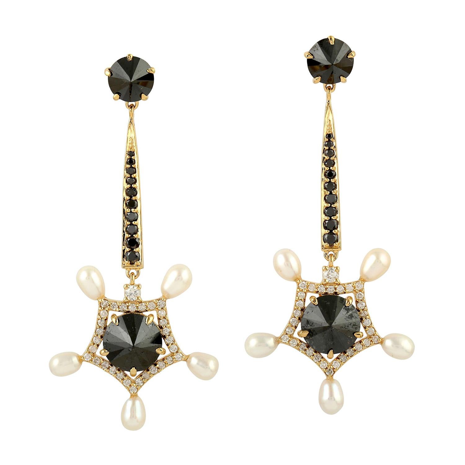 Black and White Diamonds Dangle Earrings With Pearl Made In 18k Yellow Gold