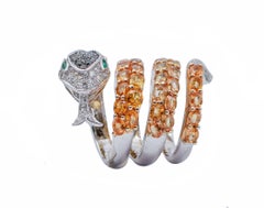 Black and White Diamonds, Emeralds, Yellow Sapphires White Gold Snake Shape Ring