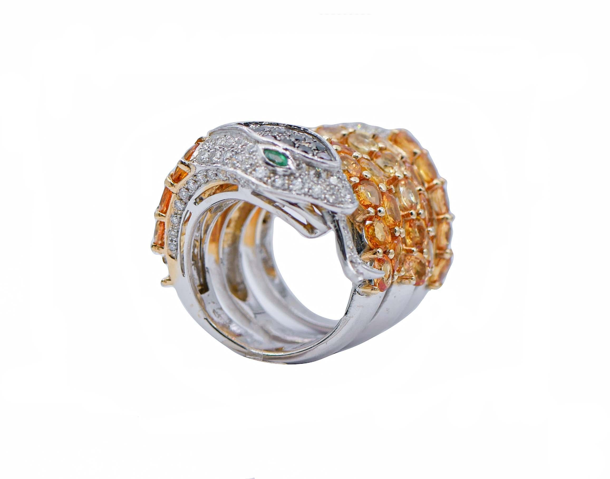 Retro Black and White Diamonds, Emeralds, Yellow Sapphires White Gold Snake Shape Ring For Sale