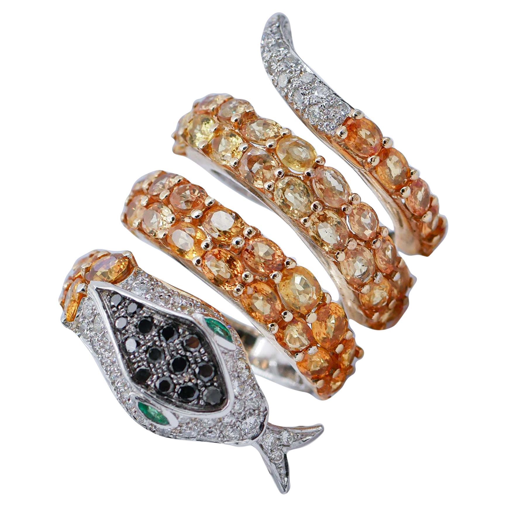 Black and White Diamonds, Emeralds, Yellow Sapphires White Gold Snake Shape Ring