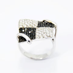 Black and White Diamonds in Chessboard Design in 18 Karat White Gold Ring