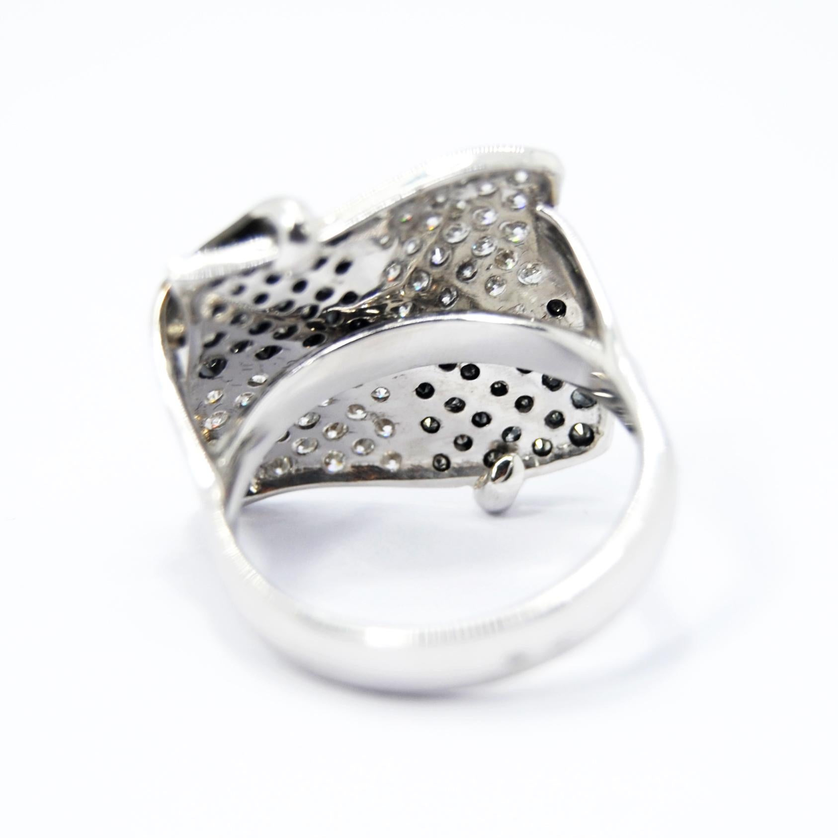Contemporary Black and White Diamonds in Chessboard Design in 18 Karat White Gold Ring For Sale