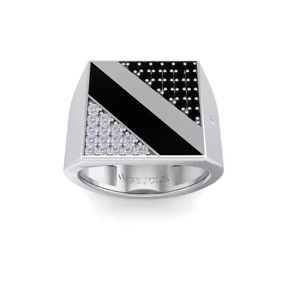 Handcrafted Men ring is mounted on 14K White gold and feature 16 round brilliant cut diamonds and 21 round cut black diamonds. 
*** This specific jewel has been already sold. We will be happy to manufacture the same ring for you. Since beautiful