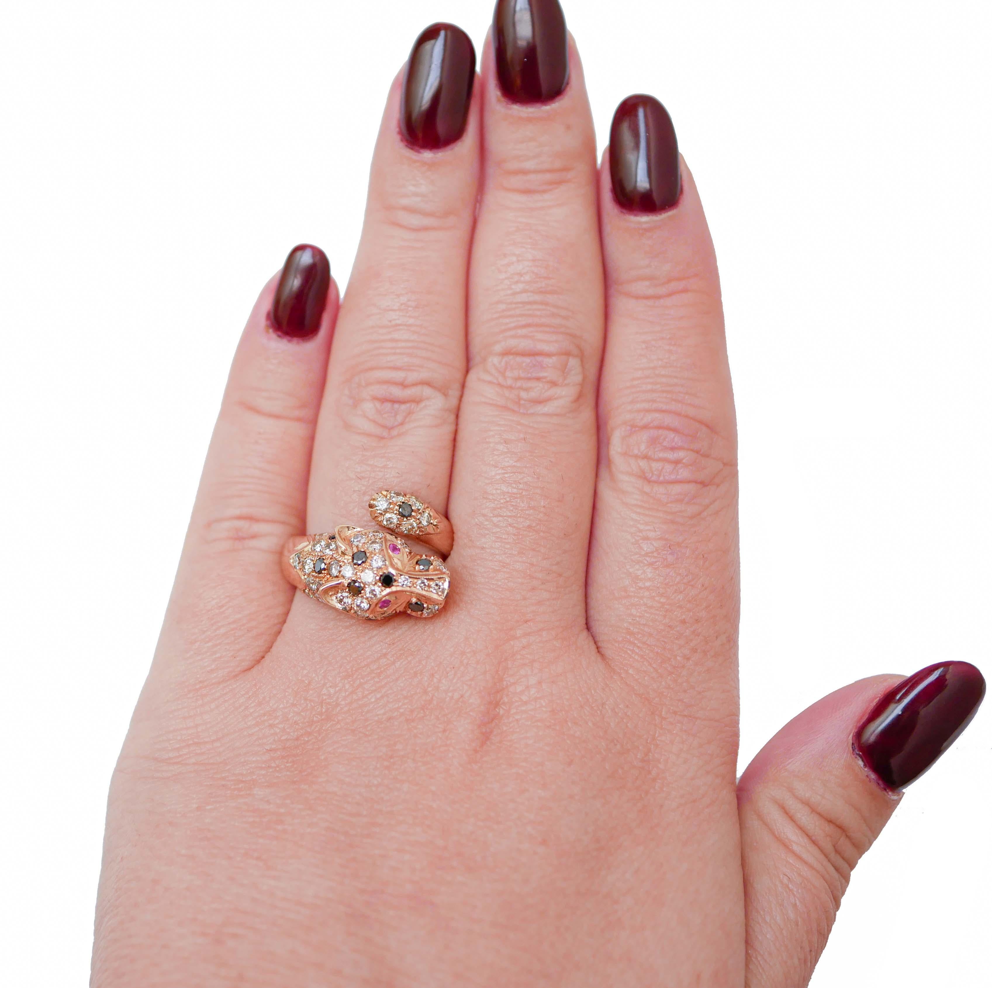 Mixed Cut Black and White Diamonds, Rubies, 14 Karat Rose Gold Panther Ring. For Sale