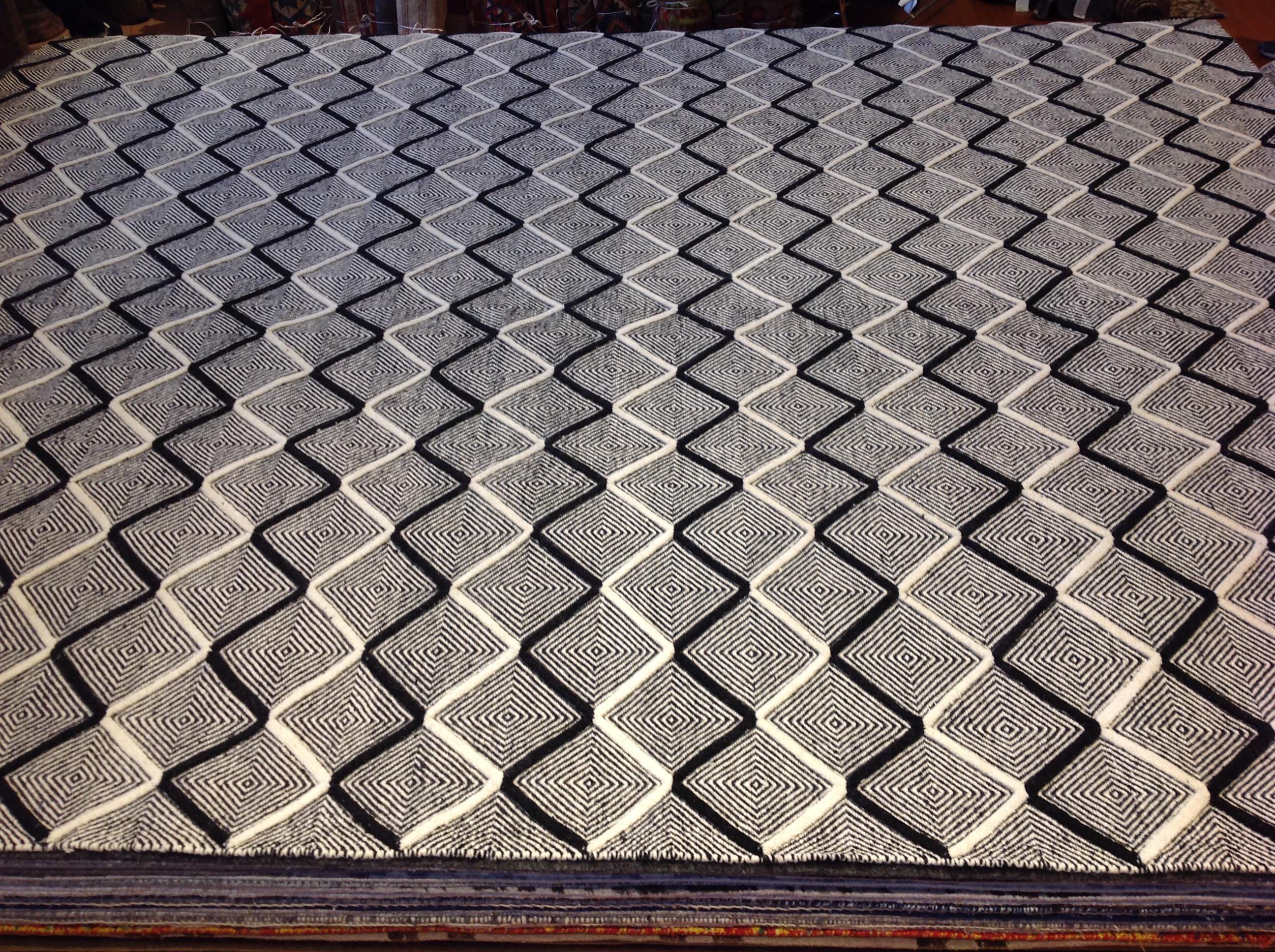 Indian Black and White Diamonds Wool Area Rug For Sale
