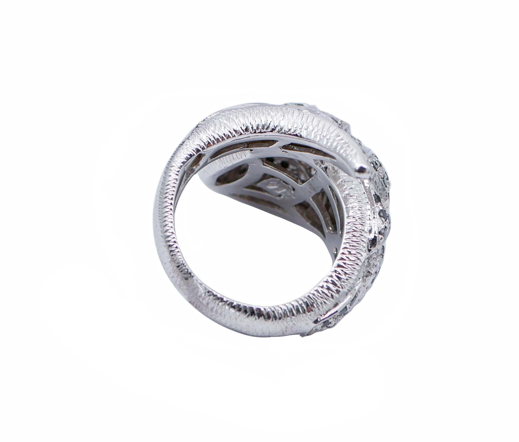 Retro Black and White Diamonds, 14 Karat White Gold Snake Ring For Sale