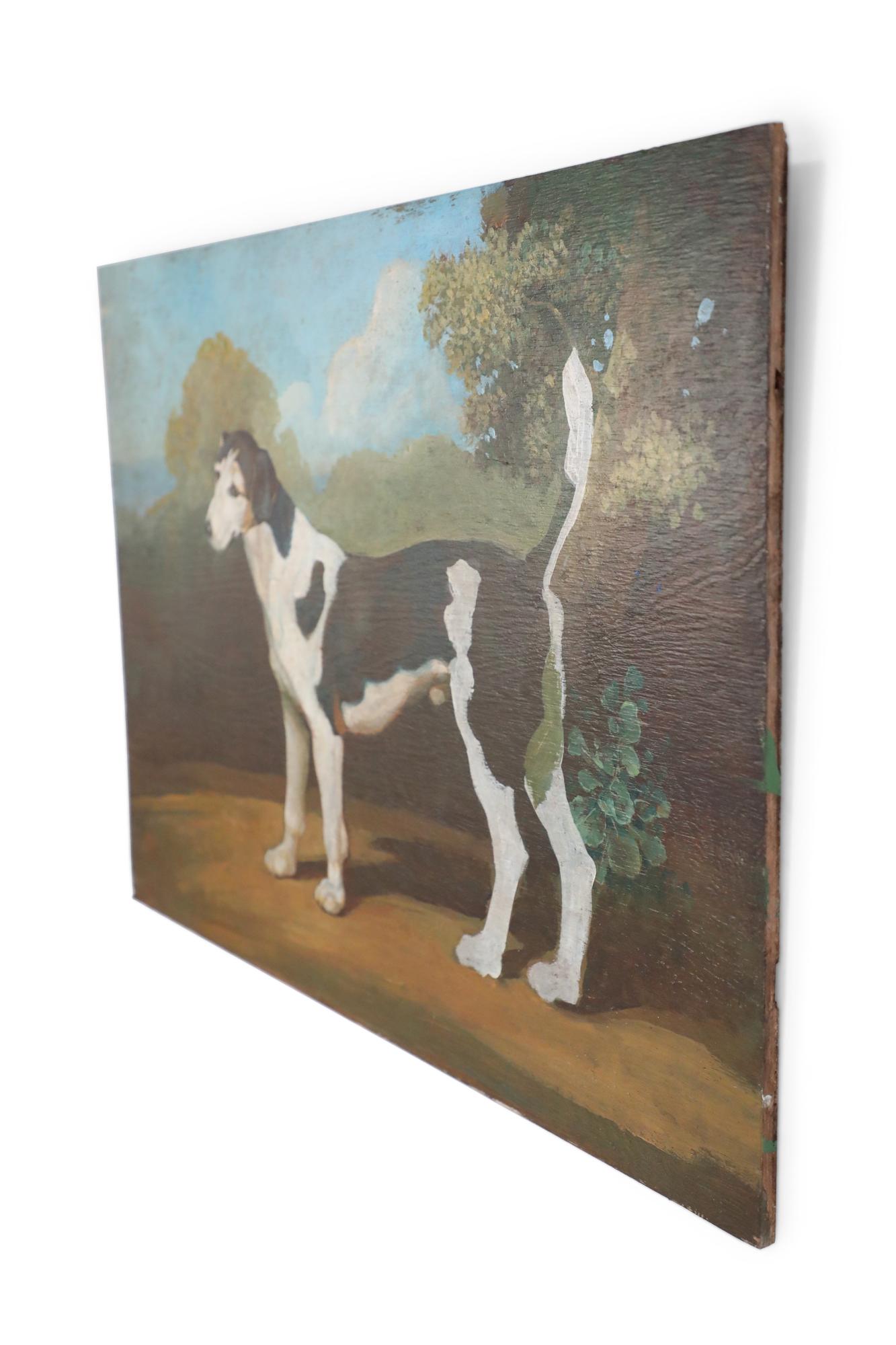 Vintage (20th Century) painting of a black and white dog captured on a swath of earth, against a background of landscape scenery, on rectangular, unframed plywood.
 
