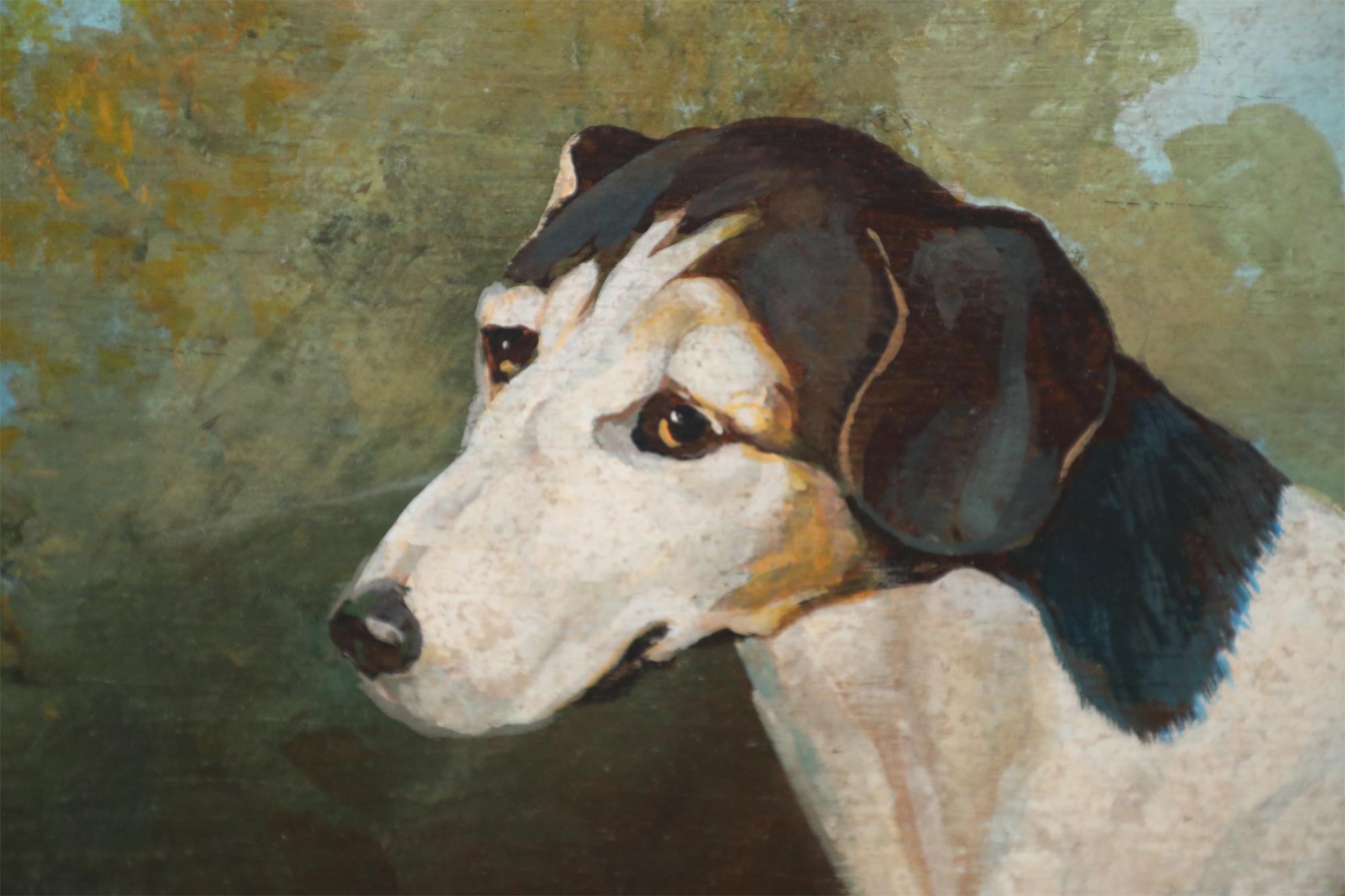 20th Century Black and White Dog Portrait Painting on Wood For Sale
