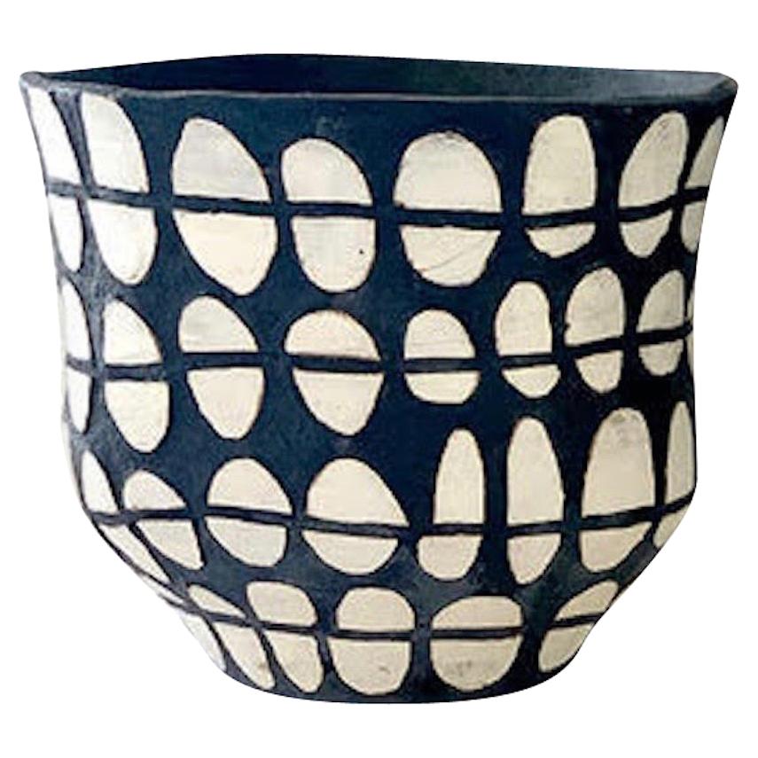 Black and White Dot Design Ceramic Vase By Brenda Holzke, USA, Contemporary