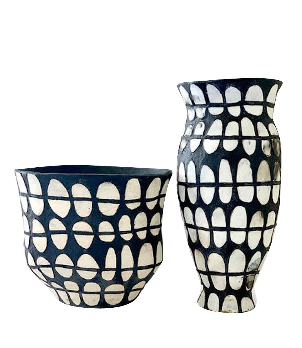 North American Black and White Dot Design Tall Vase By Brenda Holzke, USA, Contemporary
