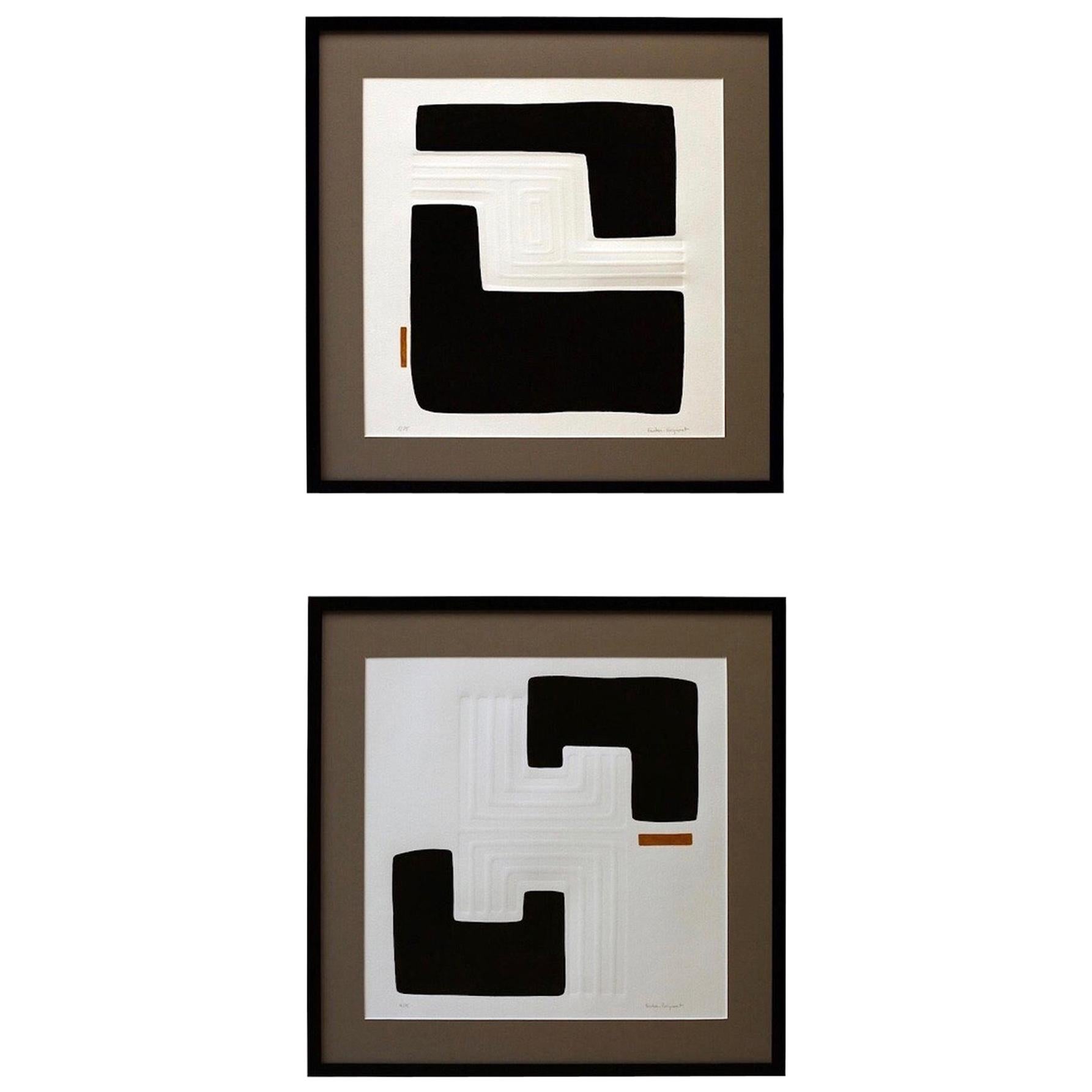 Black and white engravings with accents of gold by contemporary French artist Foucher Poignant
Raised geometric patterns created 
Two unique designs available, which hang nicely together.
Sold Individually.
     