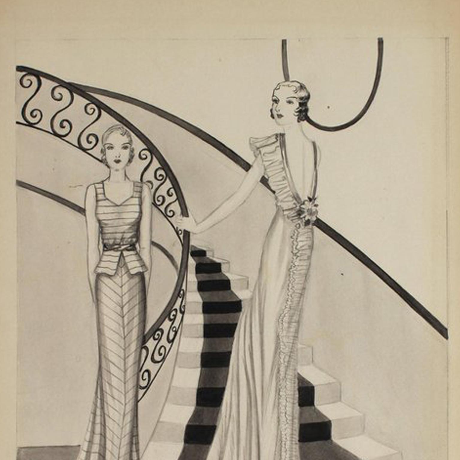 Black and white fashion illustration, circa 1940 by Emma Shields, prominent fashion illustrator from the 1940s and 1950s. This was purchased in the 1980s, directly from her estate. Signed, on matt board.