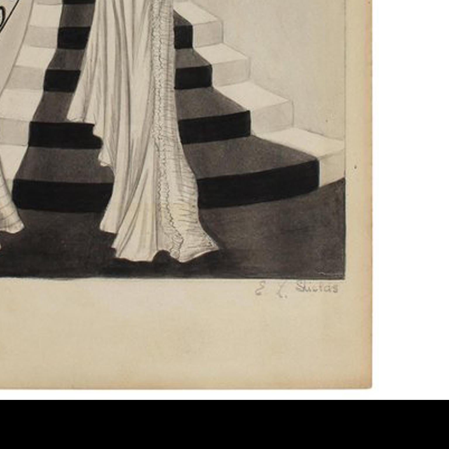 Art Deco Black and White Fashion Illustration, circa 1940 by Emma Shields For Sale