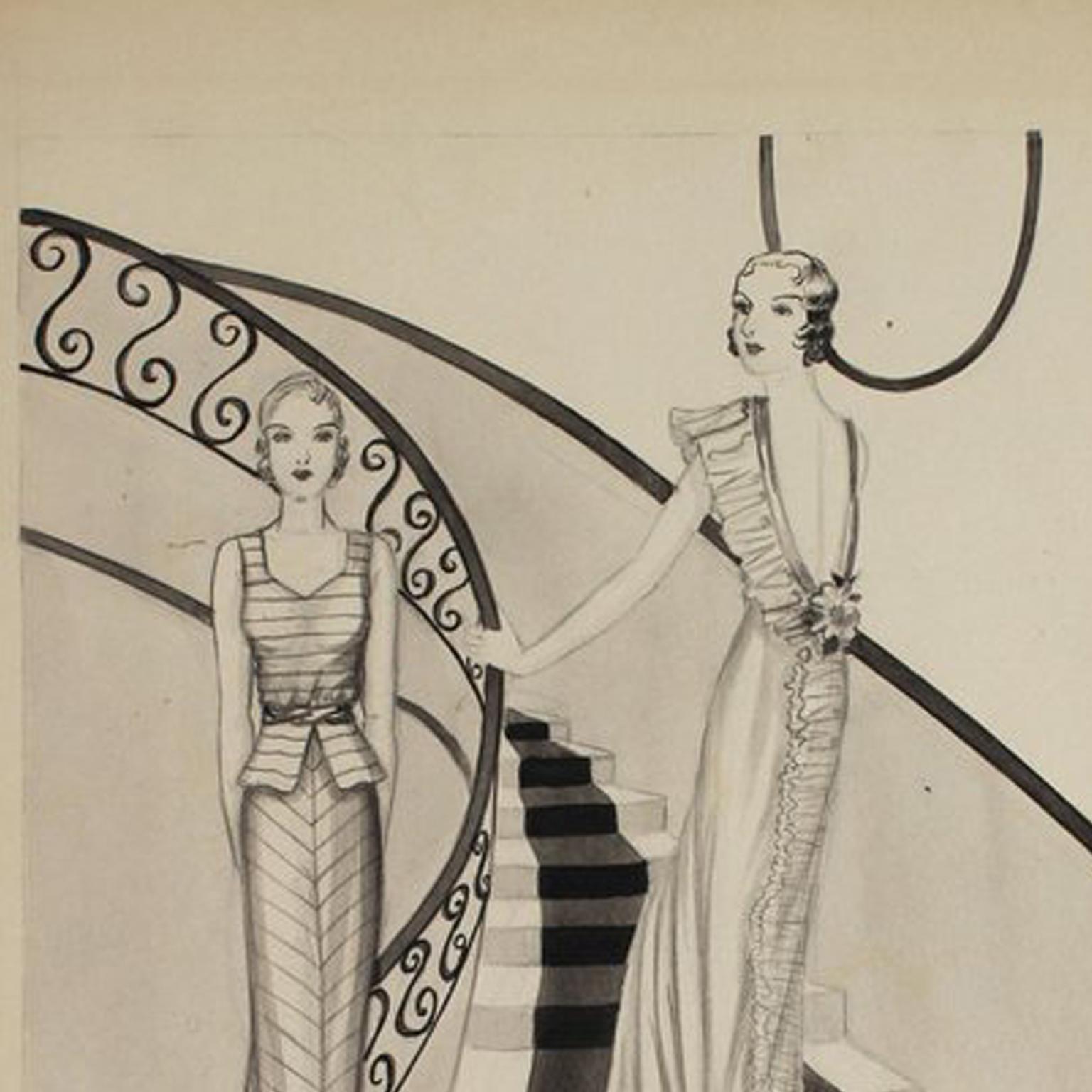 Black and White Fashion Illustration, circa 1940 by Emma Shields In Good Condition For Sale In Newburgh, NY