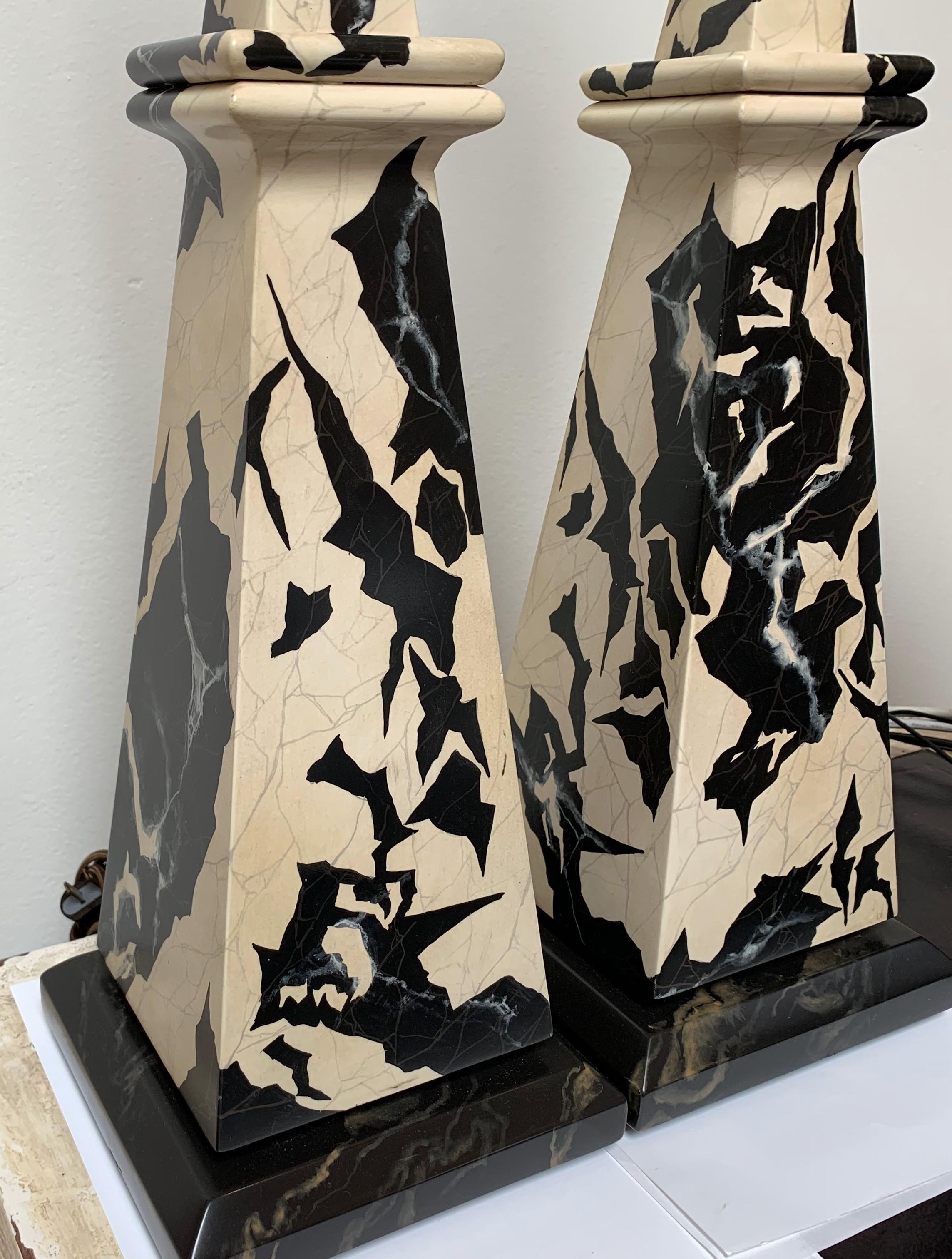 Pair of hand painted faux marble table lamps.