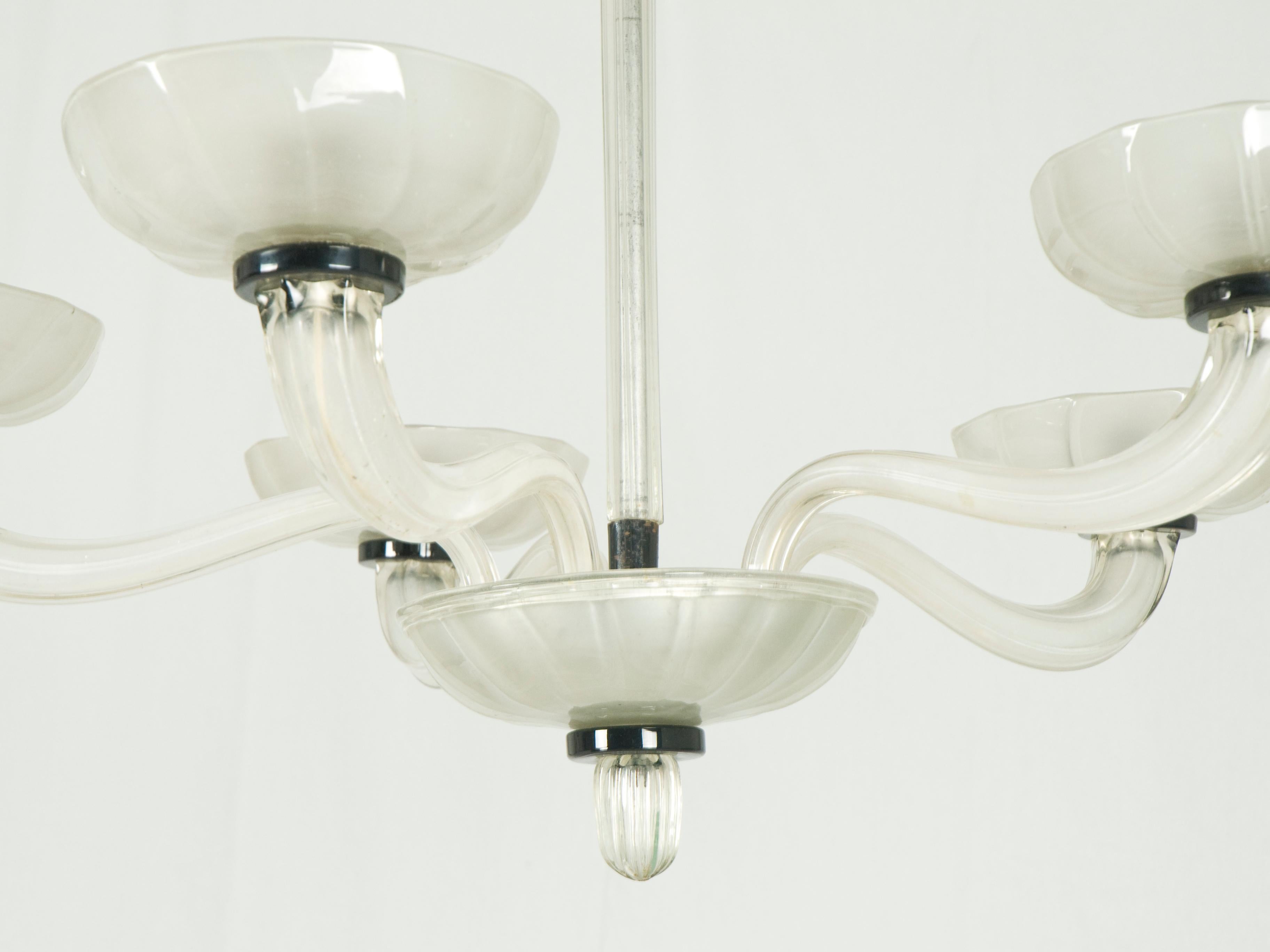 Black and White Five-Light Murano Glass 1940s Chandelier 1