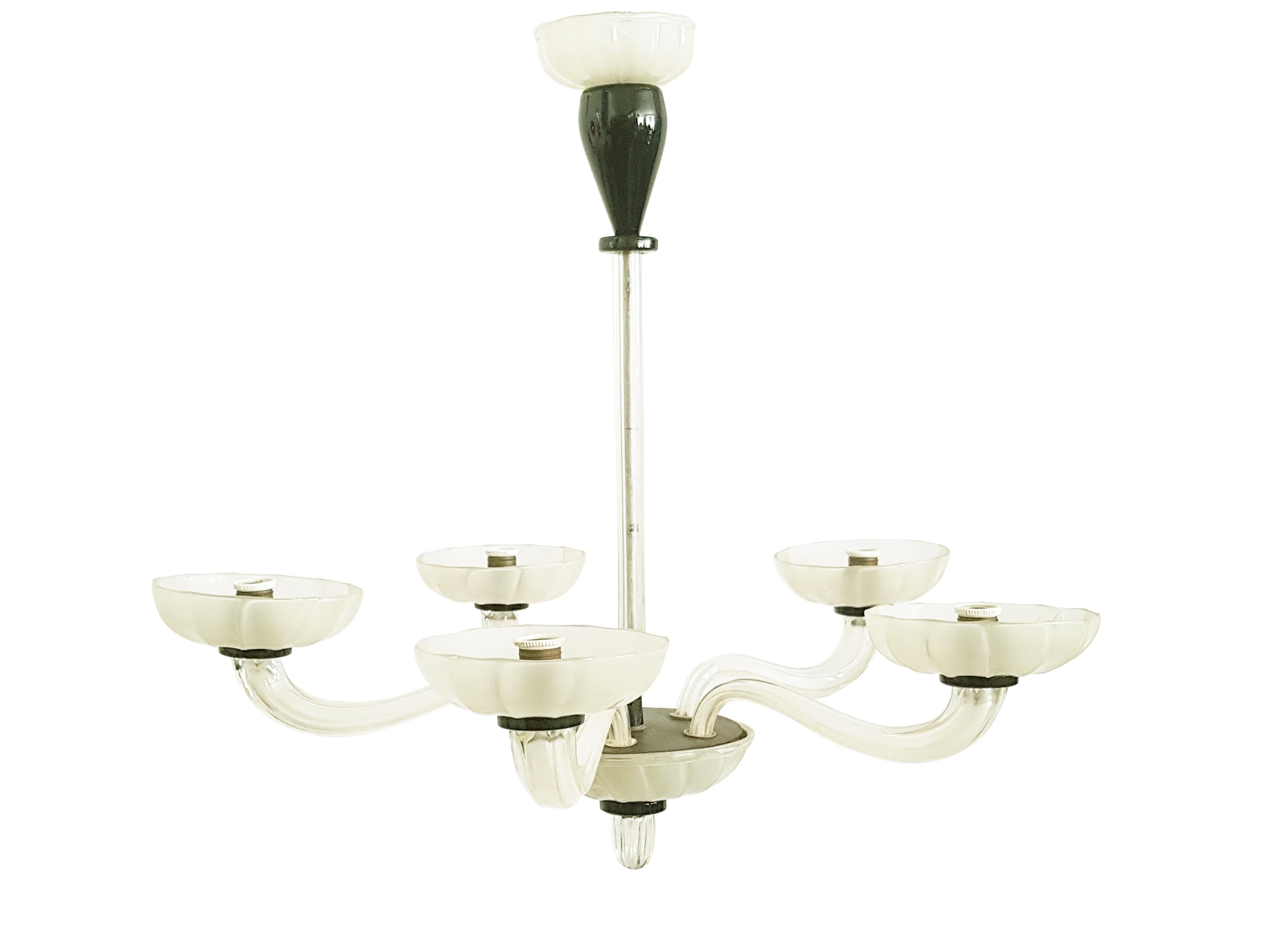 Hand-Crafted Black and White Five-Light Murano Glass 1940s Chandelier