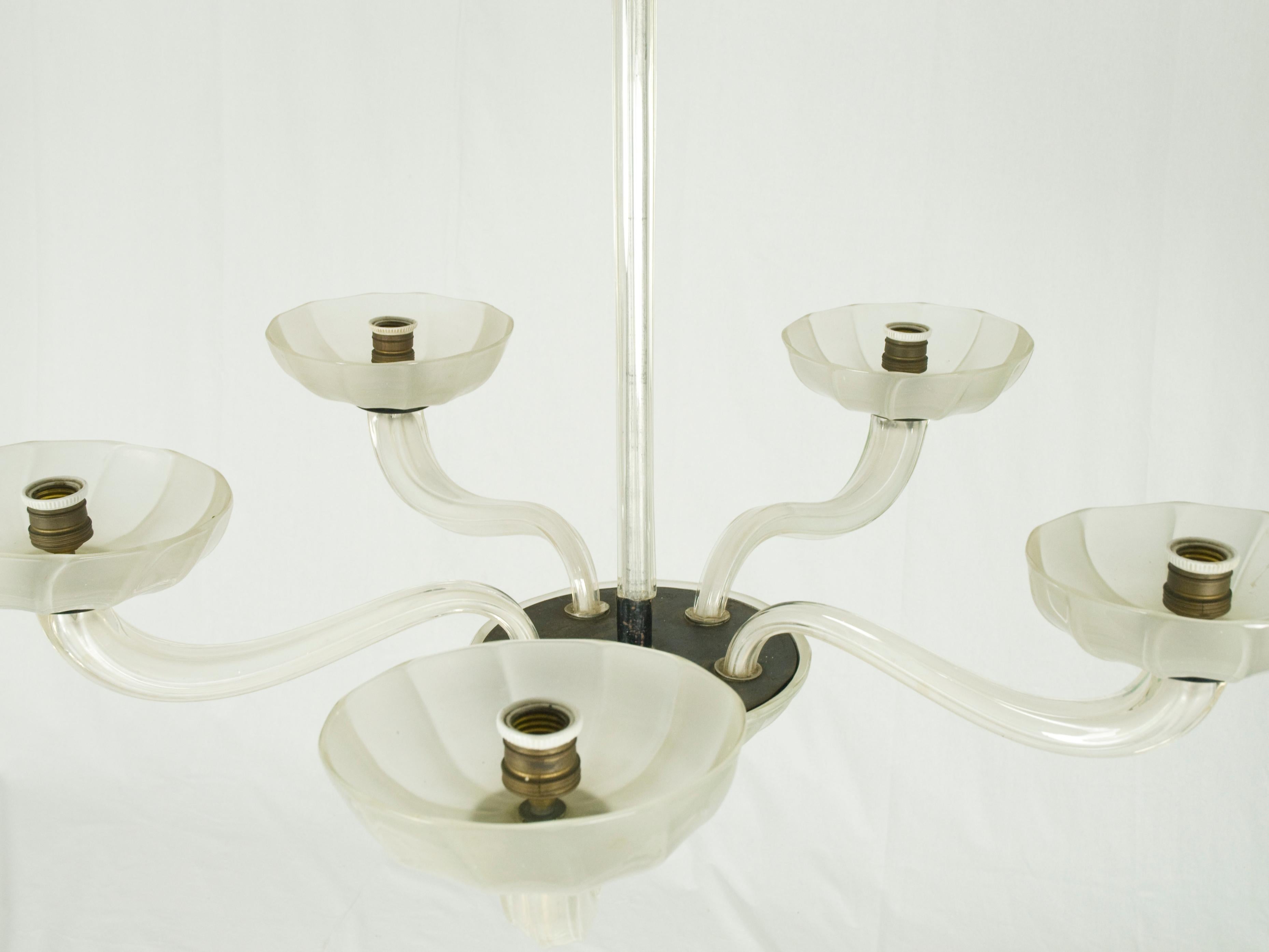 Murano Glass 5 Arm Chandelier, 1940s Murano Glass 5 Arm Chandelier, 1940s