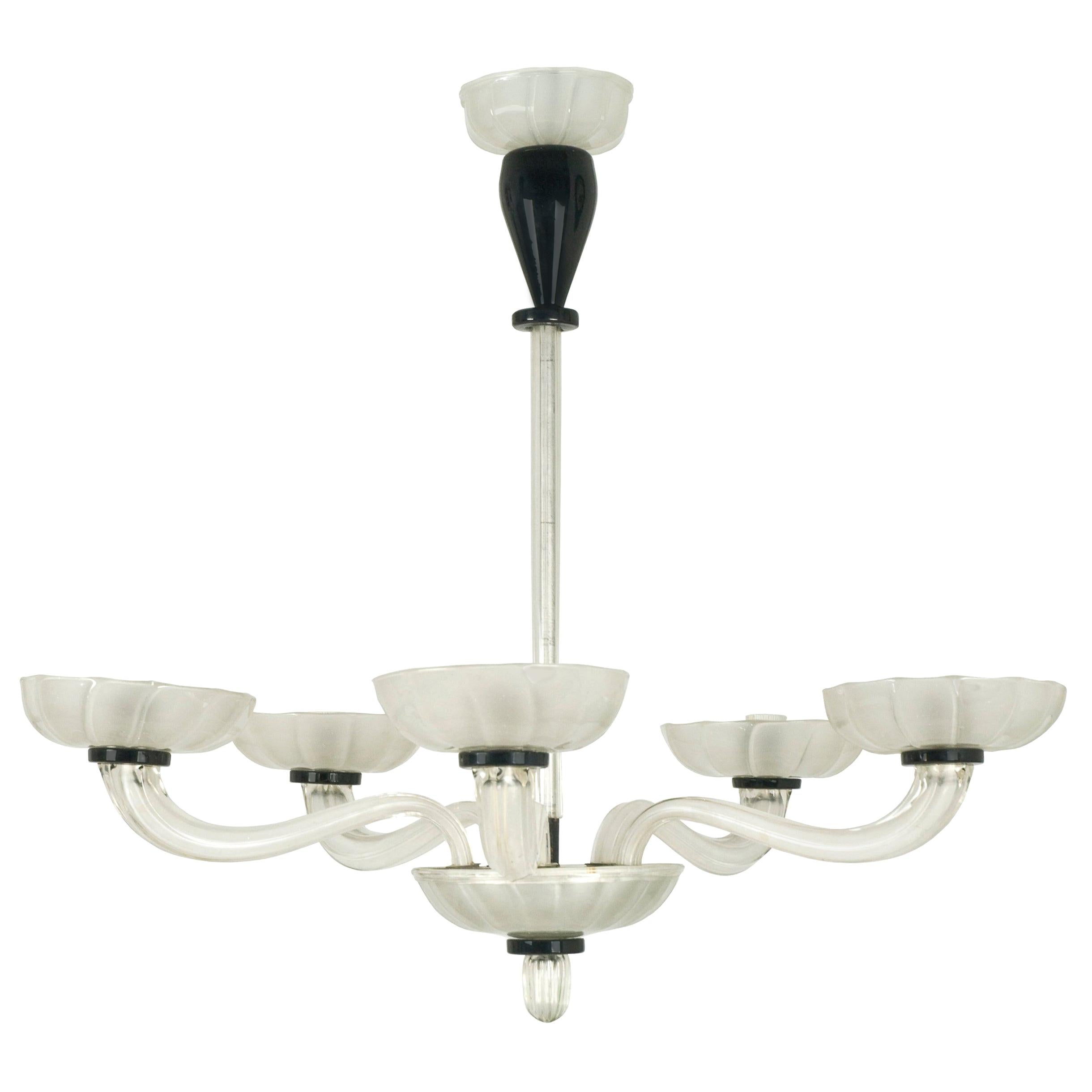 Murano Glass 5 Arm Chandelier, 1940s Murano Glass 5 Arm Chandelier, 1940s