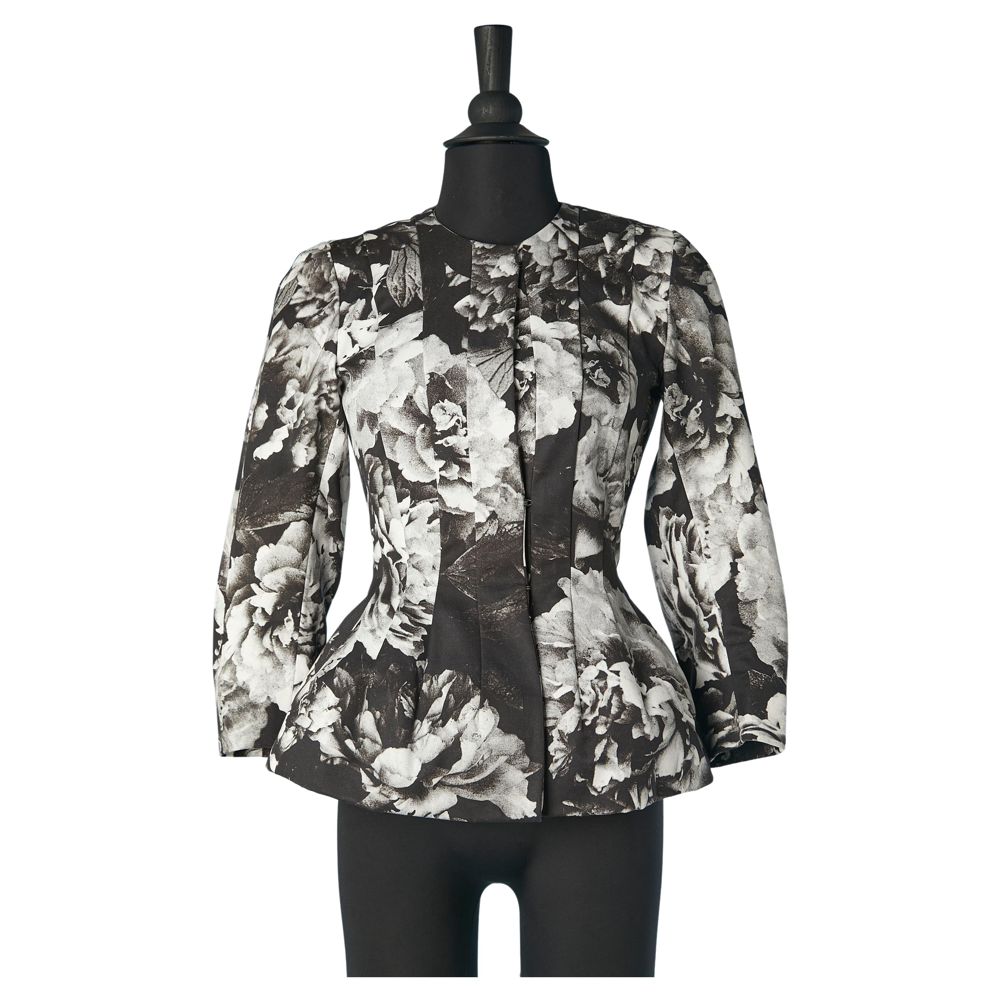 Black and white flowers printed cotton edge to edge  jacket Dries Van Noten  For Sale