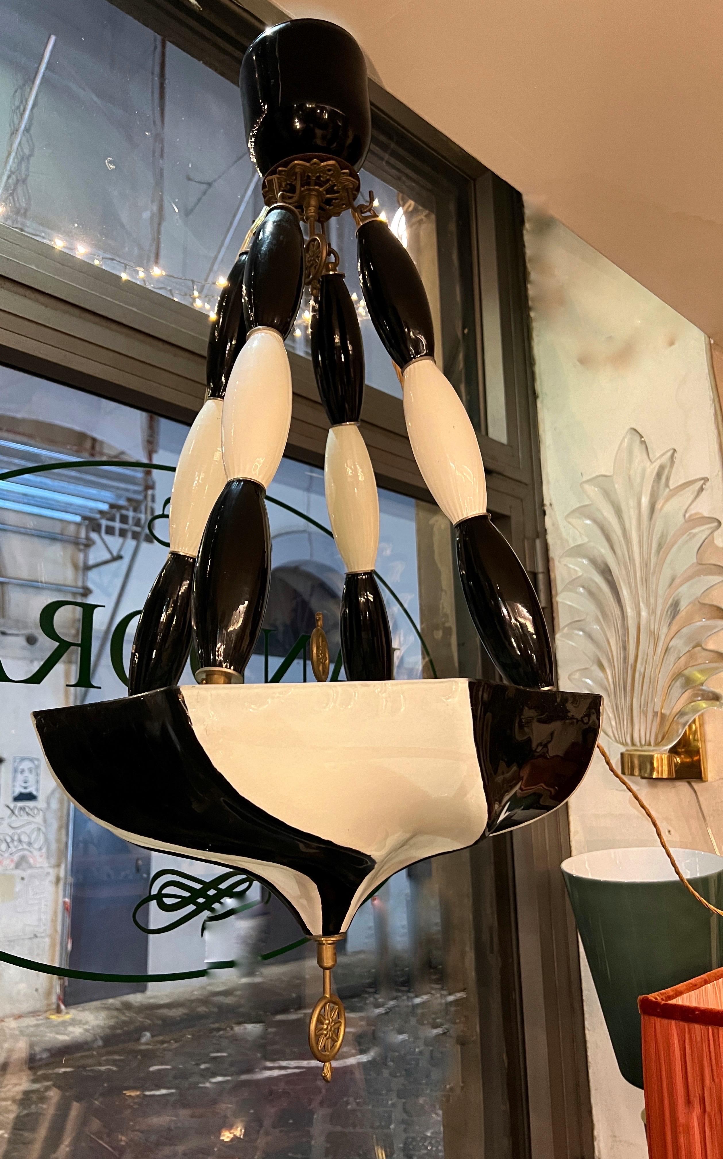 Black and White Fortuny Murano Glass and Bronze Chandelier, Late Deco 1940s For Sale 5