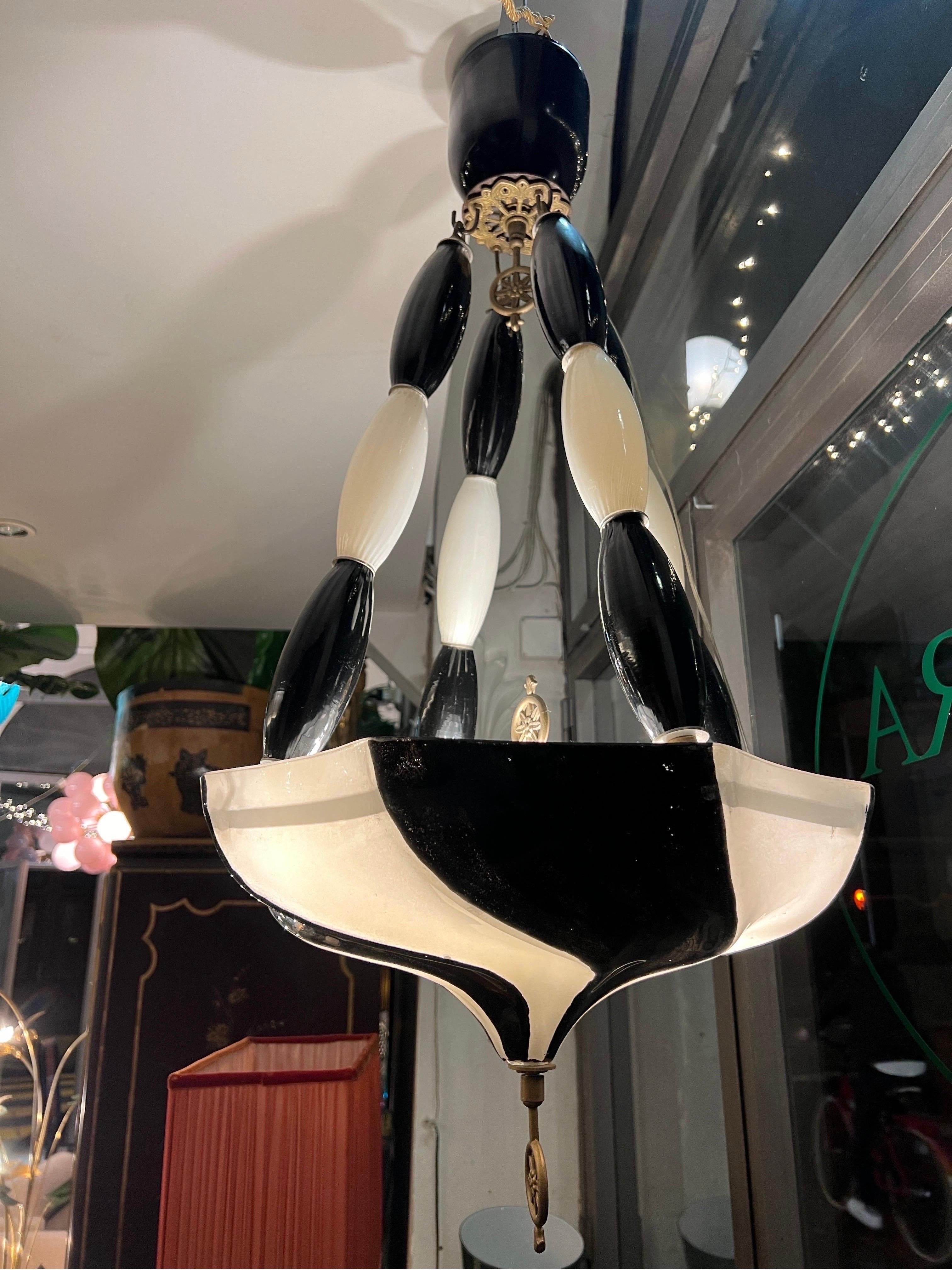 Art Deco Black and White Fortuny Murano Glass and Bronze Chandelier, Late Deco 1940s For Sale