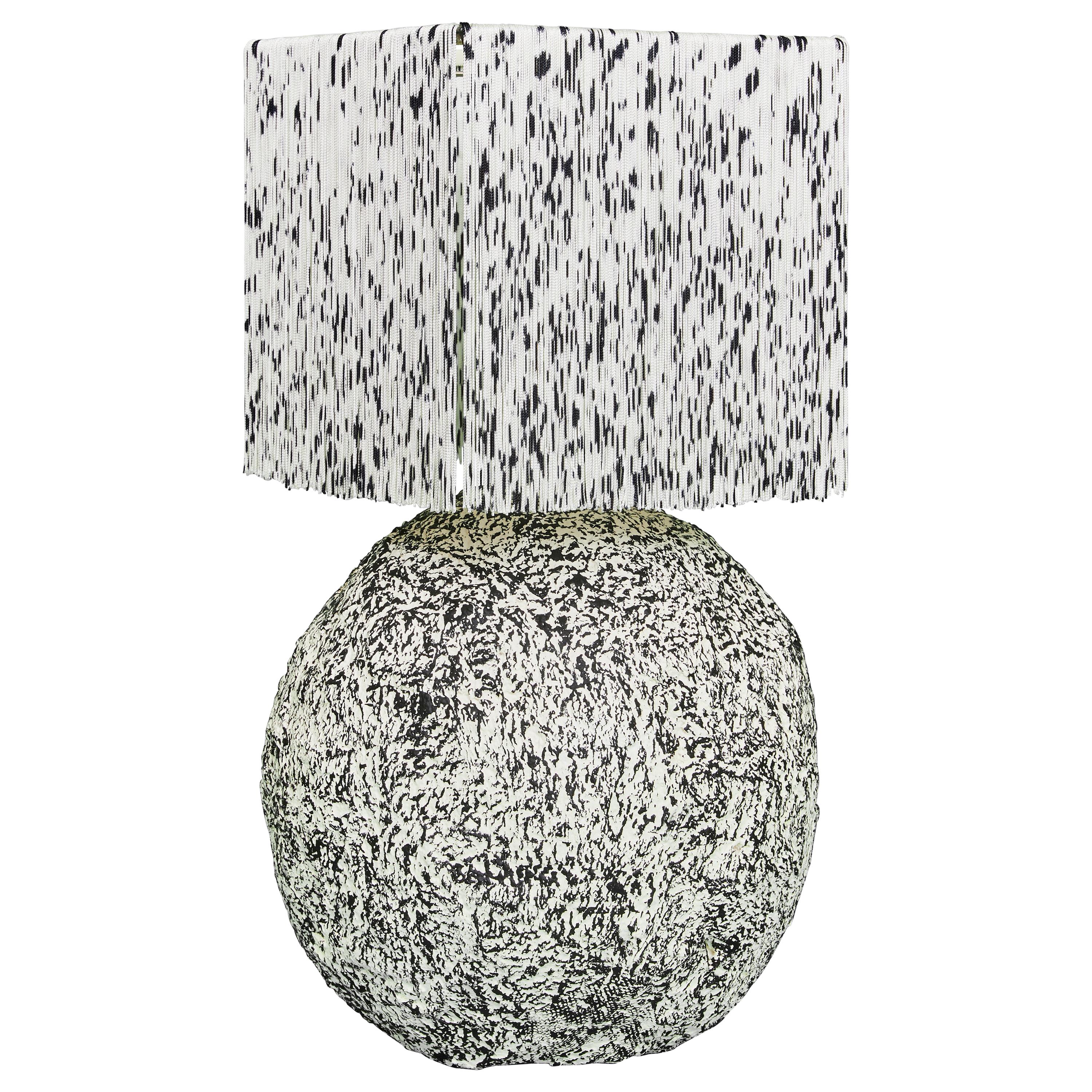 Black and White Fringed and Hand Knotted Papier-Maché Domo Table Lamp