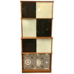 Black and White Glass Doors Cabinet, Fornasetti Fabric in Two Doors, 1970s