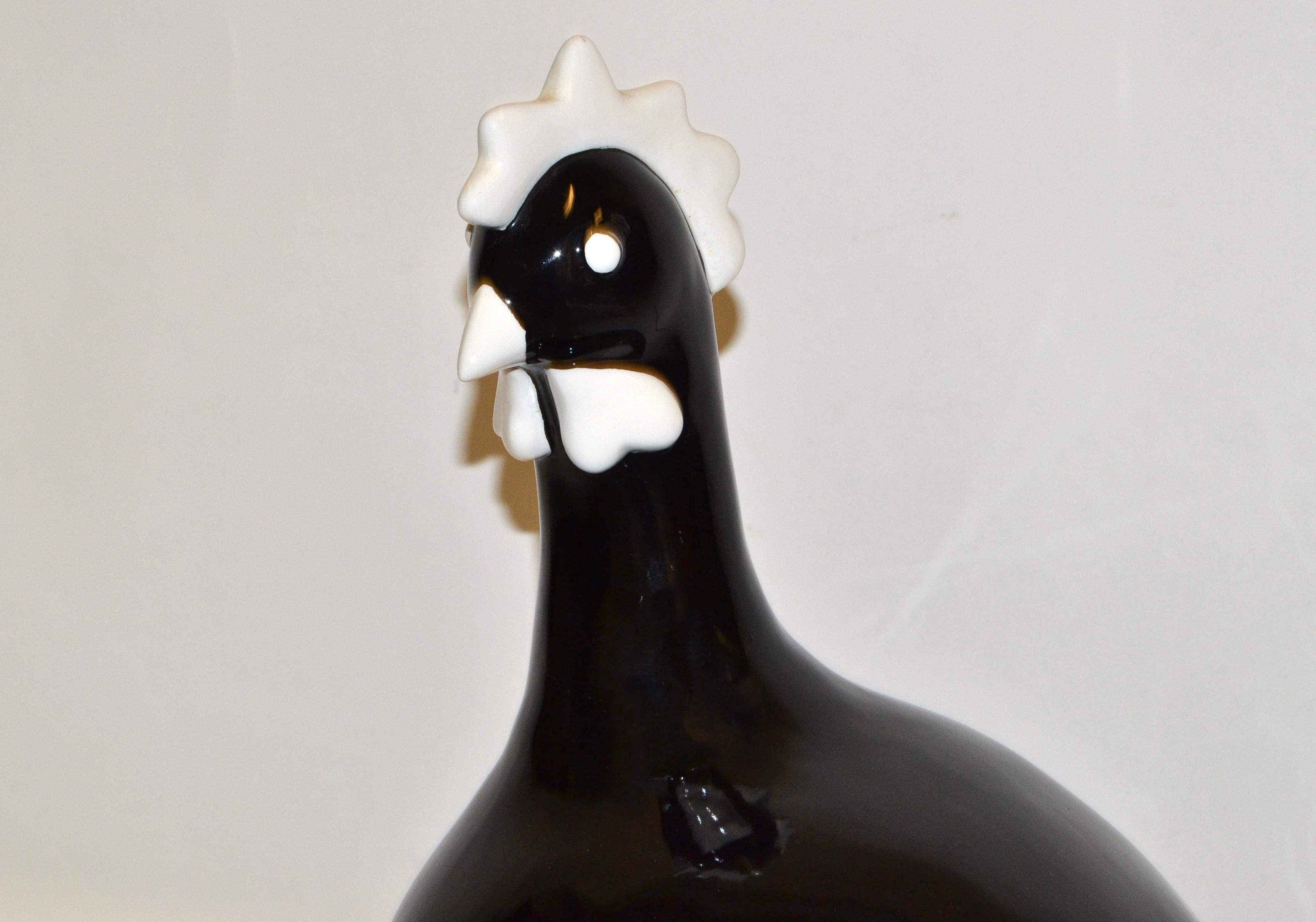 Black and White Hand-Crafted Ceramic Chicken Sculpture, Animal Figurine Folk Art For Sale 5