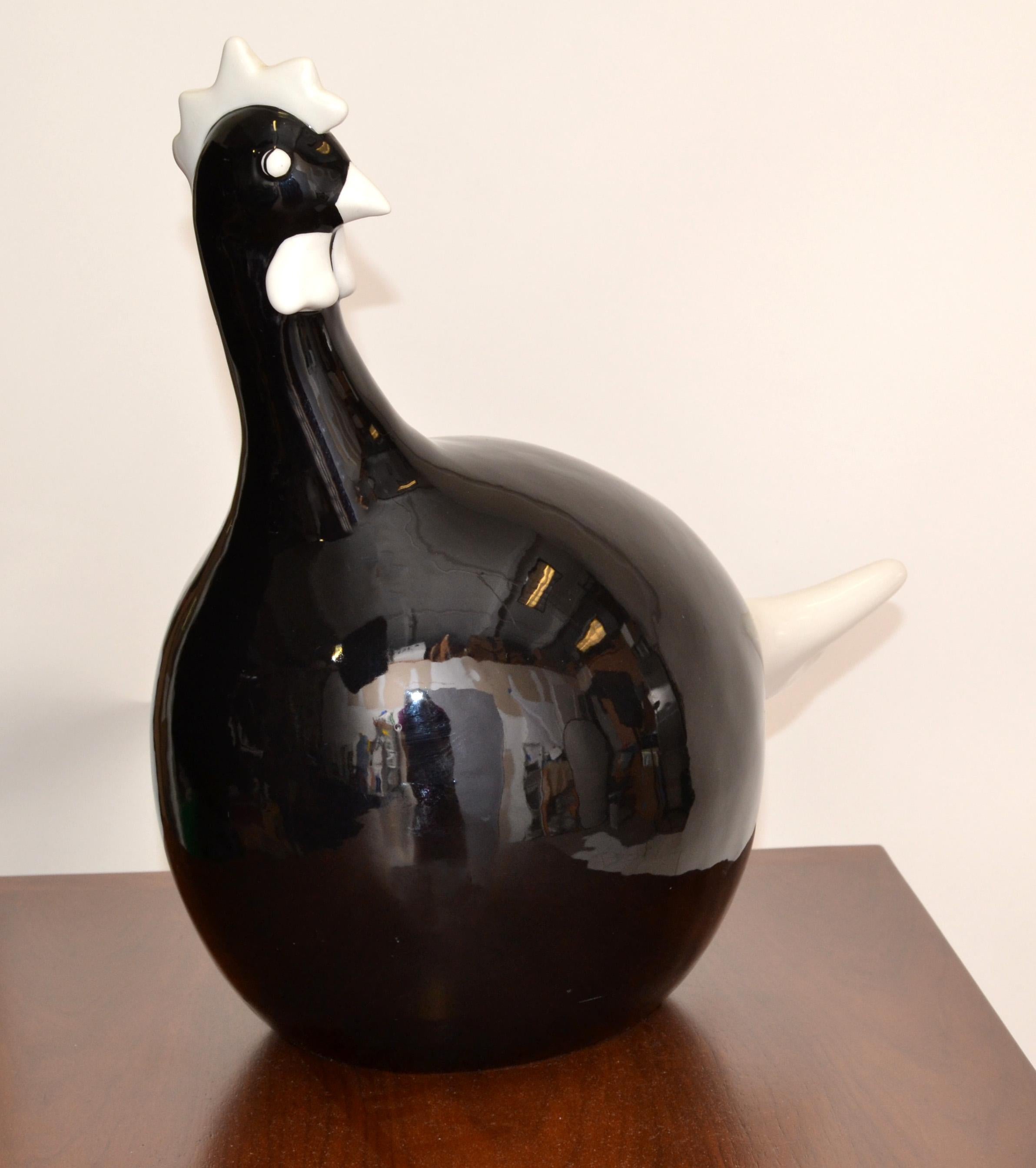 Scandinavian Modern Iittala style black and white glazed ceramic chicken, handmade in the USA.
Life-size stylized chicken animal sculpture for any interior design.
 